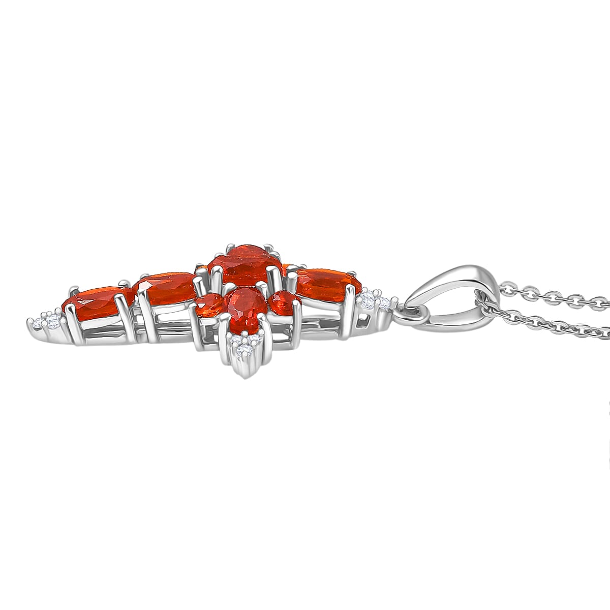 Crimson Fire Opal & White Zircon Cross Pendant with Chain  (Size 20) in Rhodium Overlay Sterling Silver 1.17 Ct.