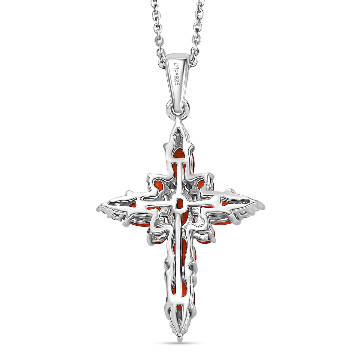 Crimson Fire Opal & White Zircon Cross Pendant with Chain  (Size 20) in Rhodium Overlay Sterling Silver 1.17 Ct.