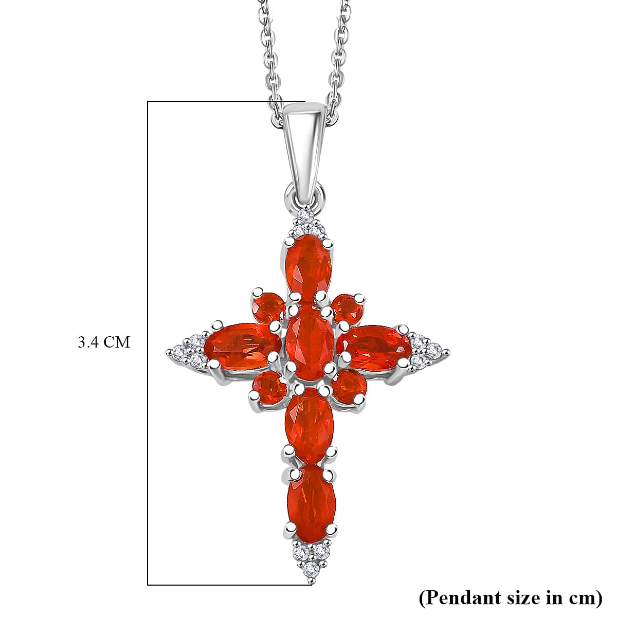 Crimson Fire Opal & White Zircon Cross Pendant with Chain  (Size 20) in Rhodium Overlay Sterling Silver 1.17 Ct.