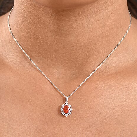 Crimson Fire Opal & White Zircon Pendant with Chain (Size 20) in Rhodium Overlay Sterling Silver