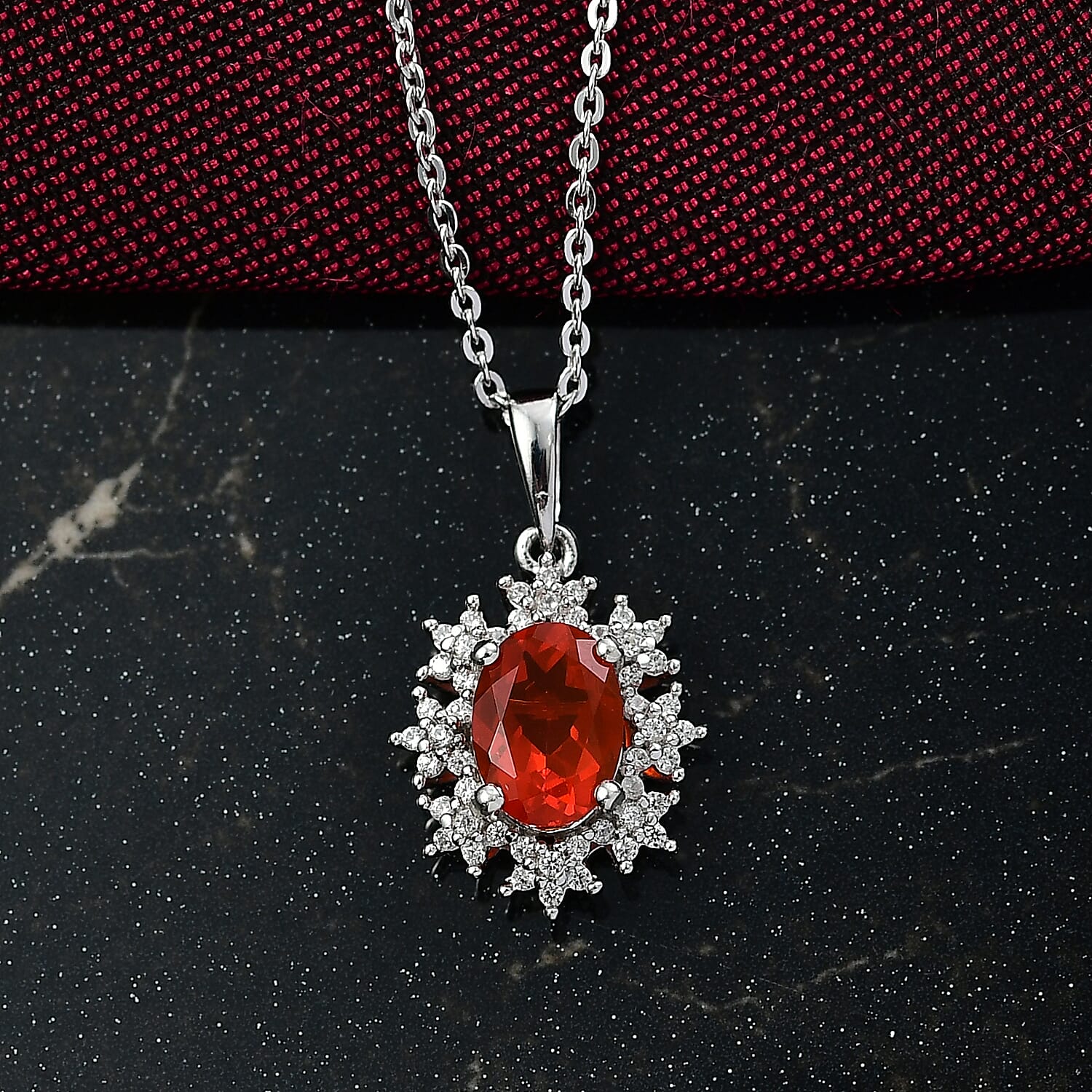Crimson Fire Opal & White Zircon Pendant with Chain (Size 20) in Rhodium Overlay Sterling Silver
