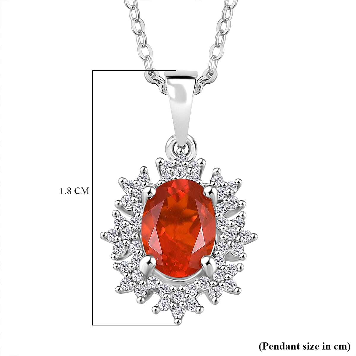 Crimson Fire Opal & White Zircon Pendant with Chain (Size 20) in Rhodium Overlay Sterling Silver