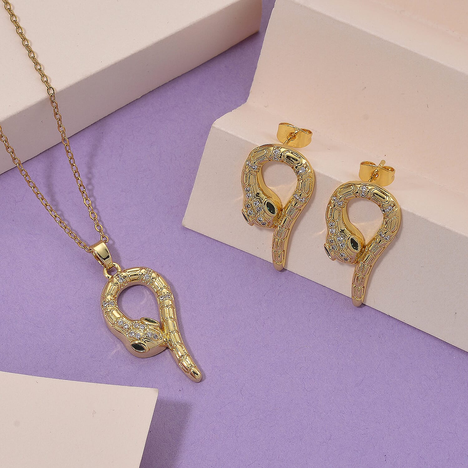 BIGGEST DESIGNER CLOSEOUT - Biacco Collection - Green Cubic Zirconia & White Cubic Zirconia Serpent Necklace & Earrings