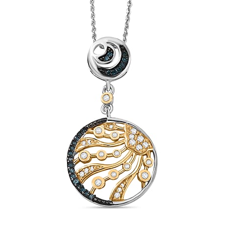GP Celestial Dream Collection - Multi Colour Diamond & Kanchanaburi Blue Sapphire Pendant with Chain (Size 20) in 18K Vermeil Yellow Gold Plated Rhodium Overlay Sterling Silver