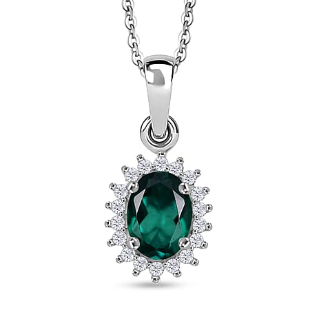 D'joy Lab Grown Emerald, White Zircon Halo Pendant with Torn Chain (Size 20) in Rhodium Overlay Sterling Silver 1.09 Ct.