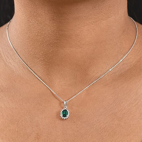 Lab Grown Emerald & White Zircon Pendant with Chain (Size 20) in Rhodium Overlay Sterling Silver 1.09 Ct.