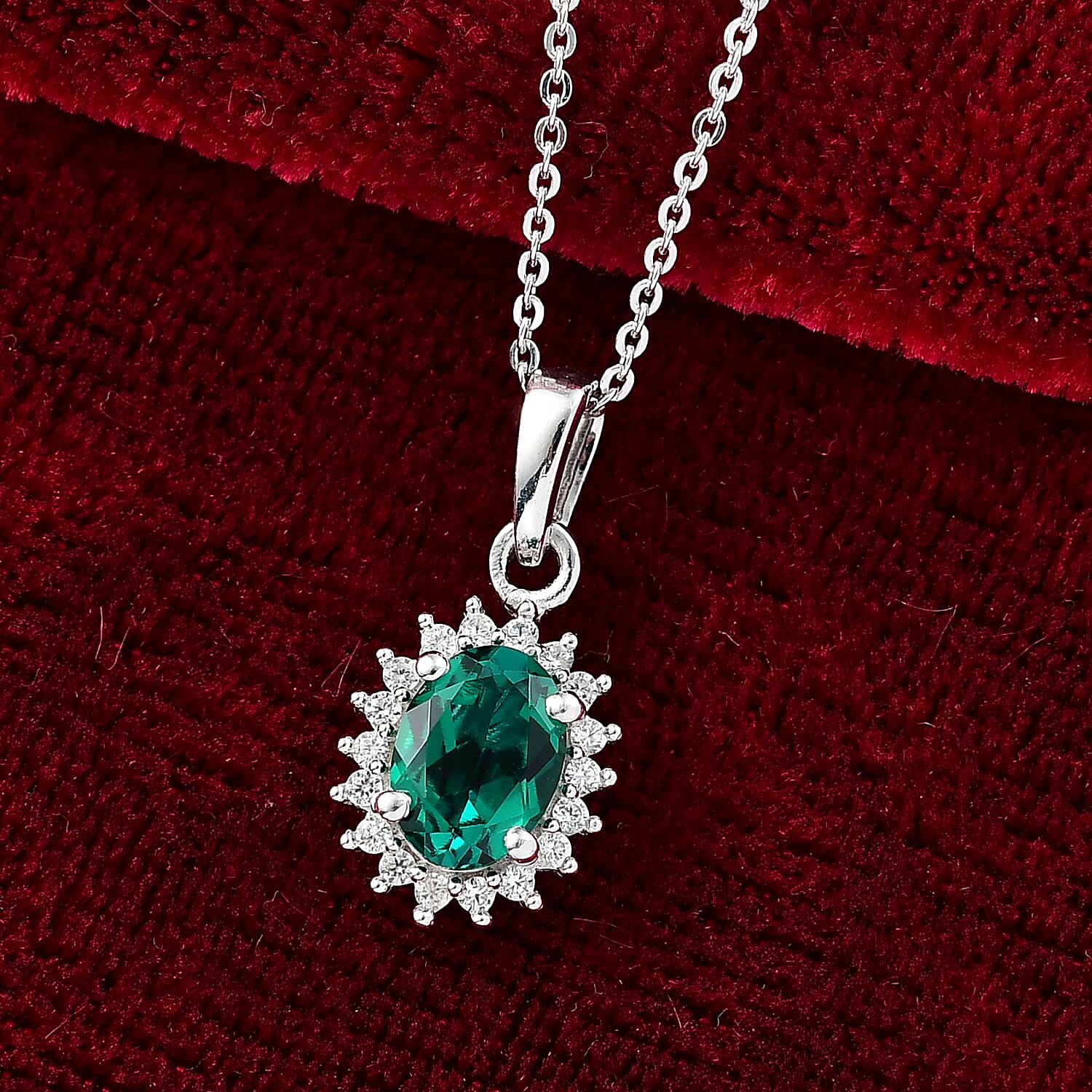Lab Grown Emerald & White Zircon Pendant with Chain (Size 20) in Rhodium Overlay Sterling Silver 1.09 Ct.