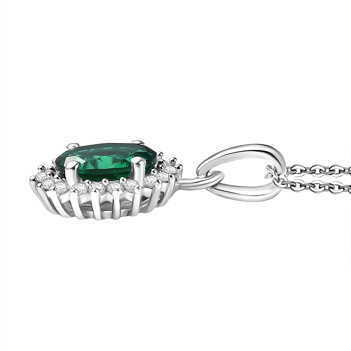 Lab Grown Emerald & White Zircon Pendant with Chain (Size 20) in Rhodium Overlay Sterling Silver 1.09 Ct.