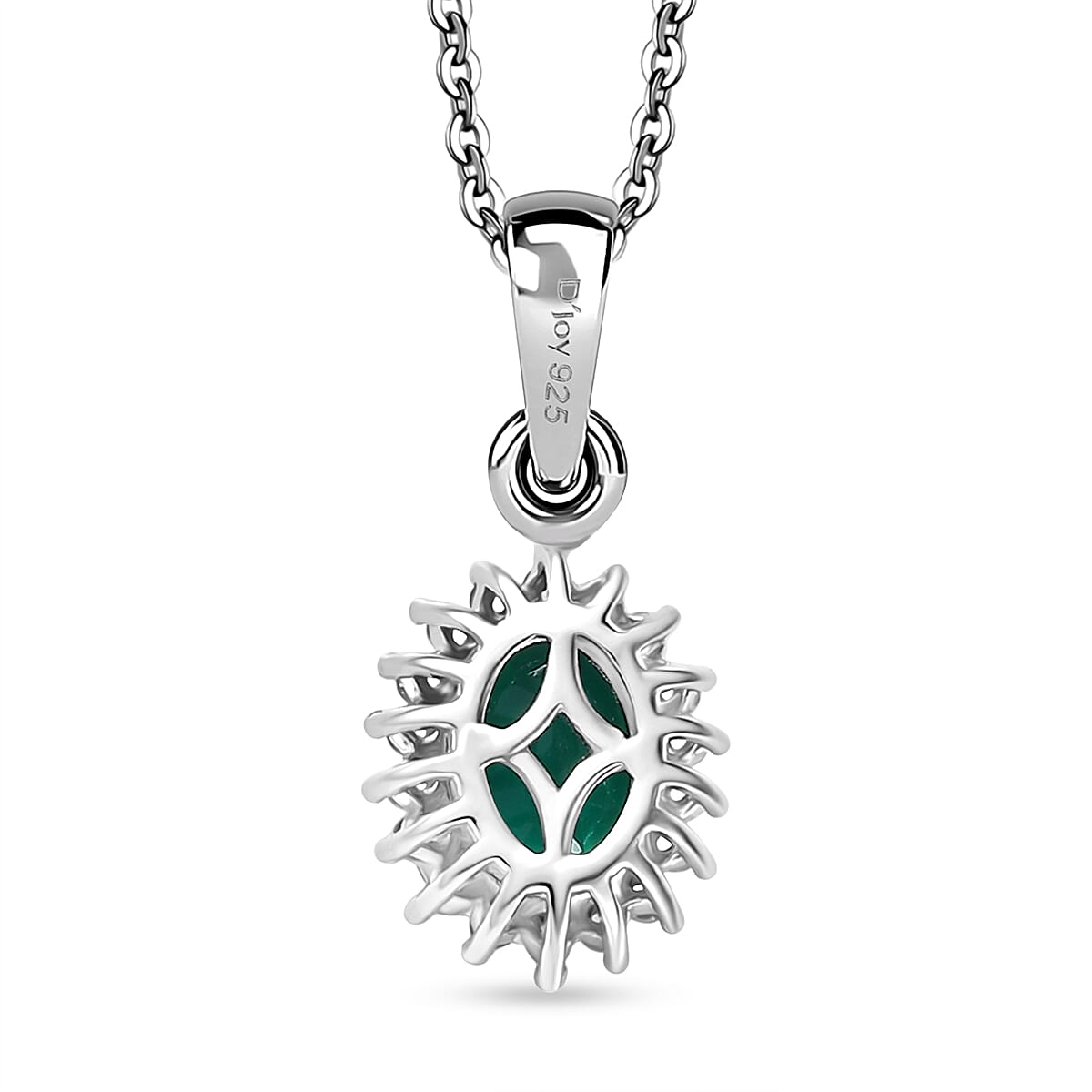Lab Grown Emerald & White Zircon Pendant with Chain (Size 20) in Rhodium Overlay Sterling Silver 1.09 Ct.