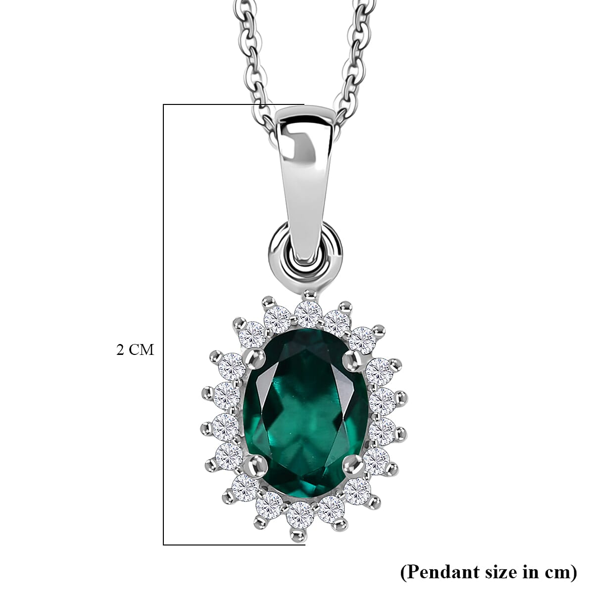 Lab Grown Emerald & White Zircon Pendant with Chain (Size 20) in Rhodium Overlay Sterling Silver 1.09 Ct.