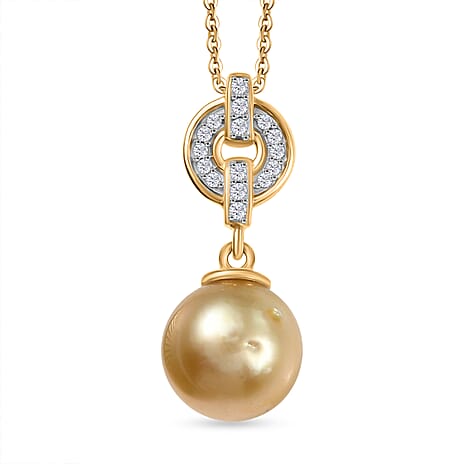 Royal Bali Collection - Golden South Sea Pearl ( 8-9MM) & White Zircon Pendant with Chain (Size 20) in 18K Vermeil Yellow Gold Plated Sterling Silver 5.35 Ct.