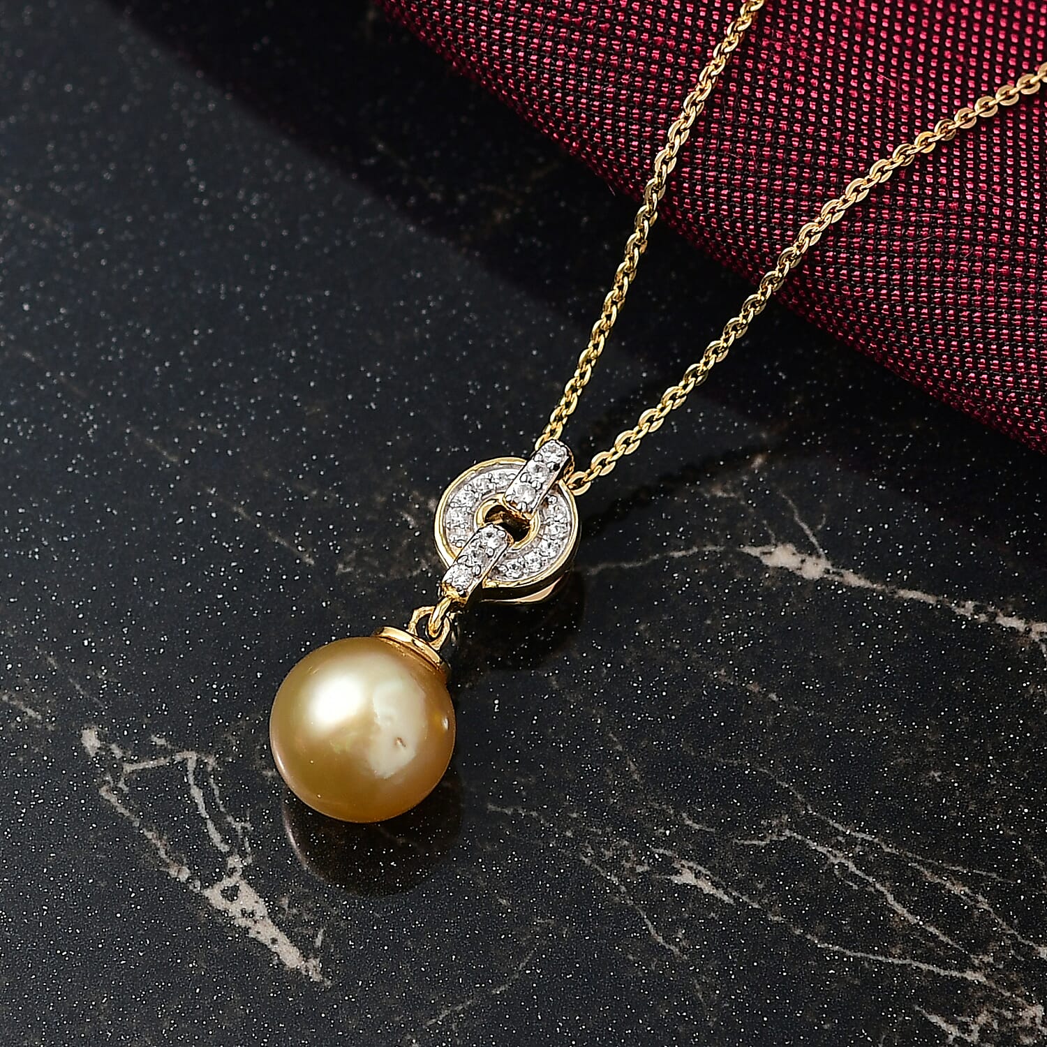 Royal Bali Collection - Golden South Sea Pearl ( 8-9MM) & White Zircon Pendant with Chain (Size 20) in 18K Vermeil Yellow Gold Plated Sterling Silver 5.35 Ct.