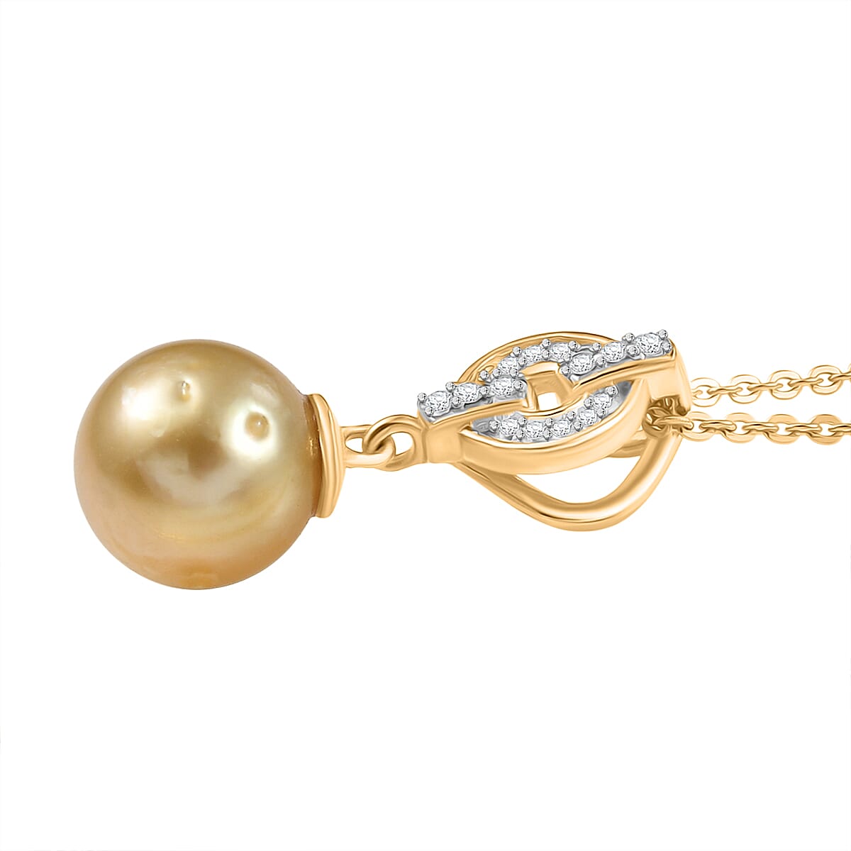 Royal Bali Collection - Golden South Sea Pearl ( 8-9MM) & White Zircon Pendant with Chain (Size 20) in 18K Vermeil Yellow Gold Plated Sterling Silver 5.35 Ct.