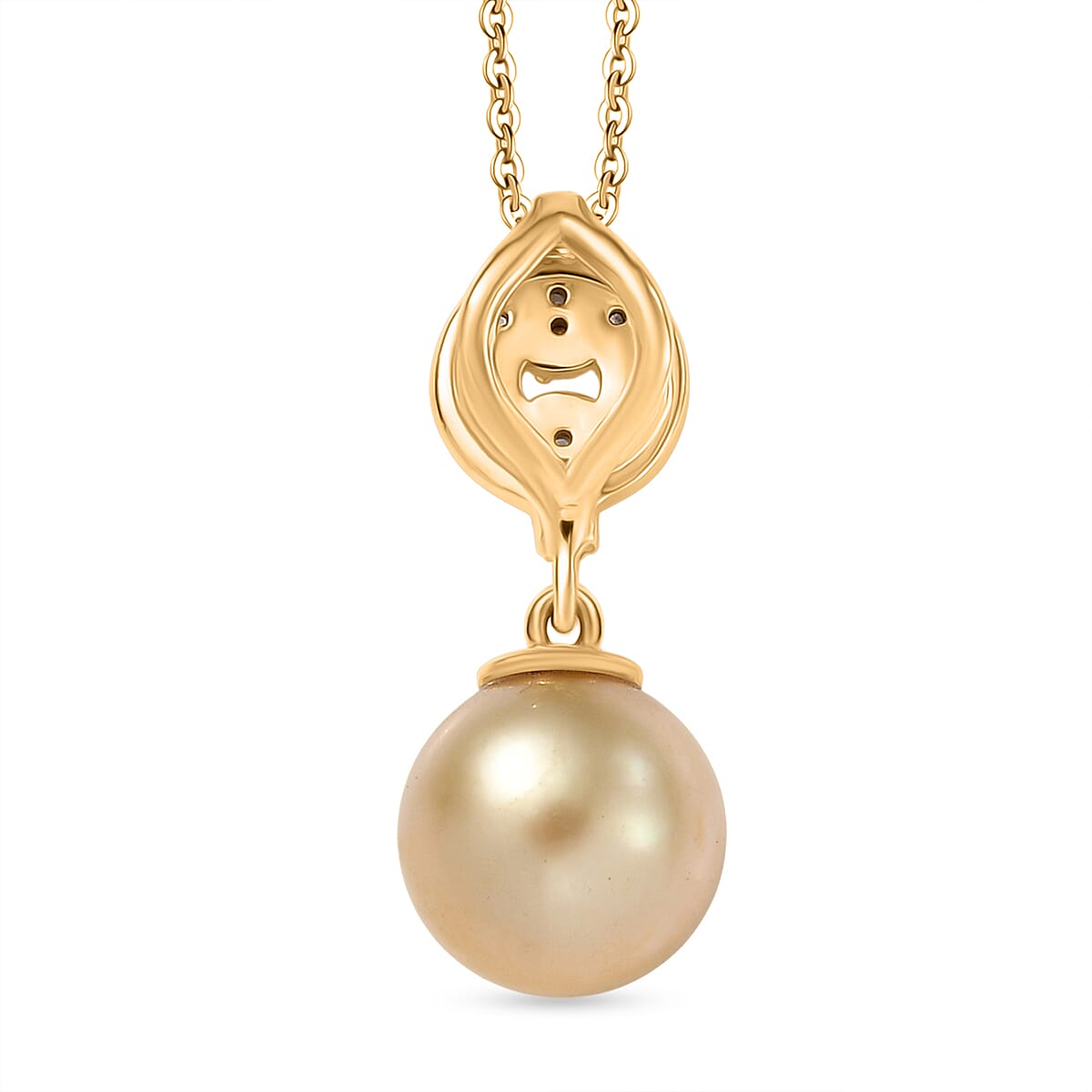 Royal Bali Collection - Golden South Sea Pearl ( 8-9MM) & White Zircon Pendant with Chain (Size 20) in 18K Vermeil Yellow Gold Plated Sterling Silver 5.35 Ct.