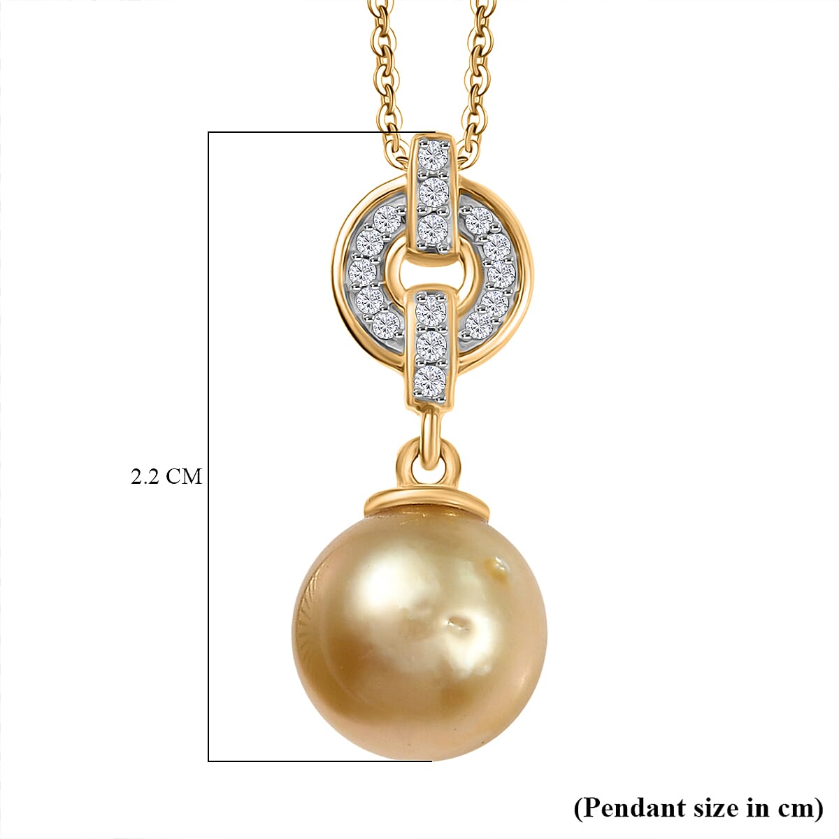 Royal Bali Collection - Golden South Sea Pearl ( 8-9MM) & White Zircon Pendant with Chain (Size 20) in 18K Vermeil Yellow Gold Plated Sterling Silver 5.35 Ct.