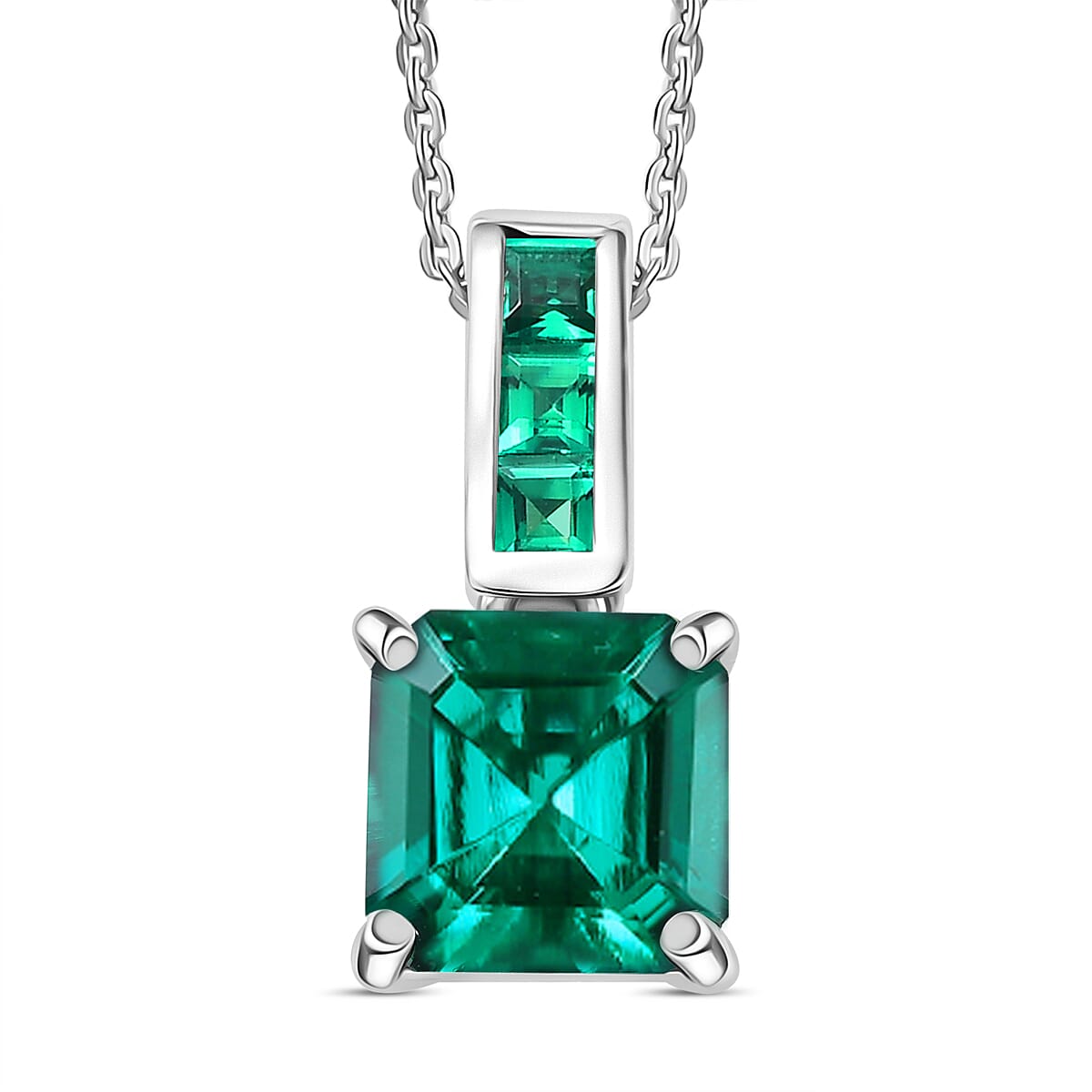Biggest Close Out Deal- Lab Grown Emerald Asscher Cut Pendant with Chain (Size 20) in Rhodium Overlay Sterling Silver 2.62 Ct.