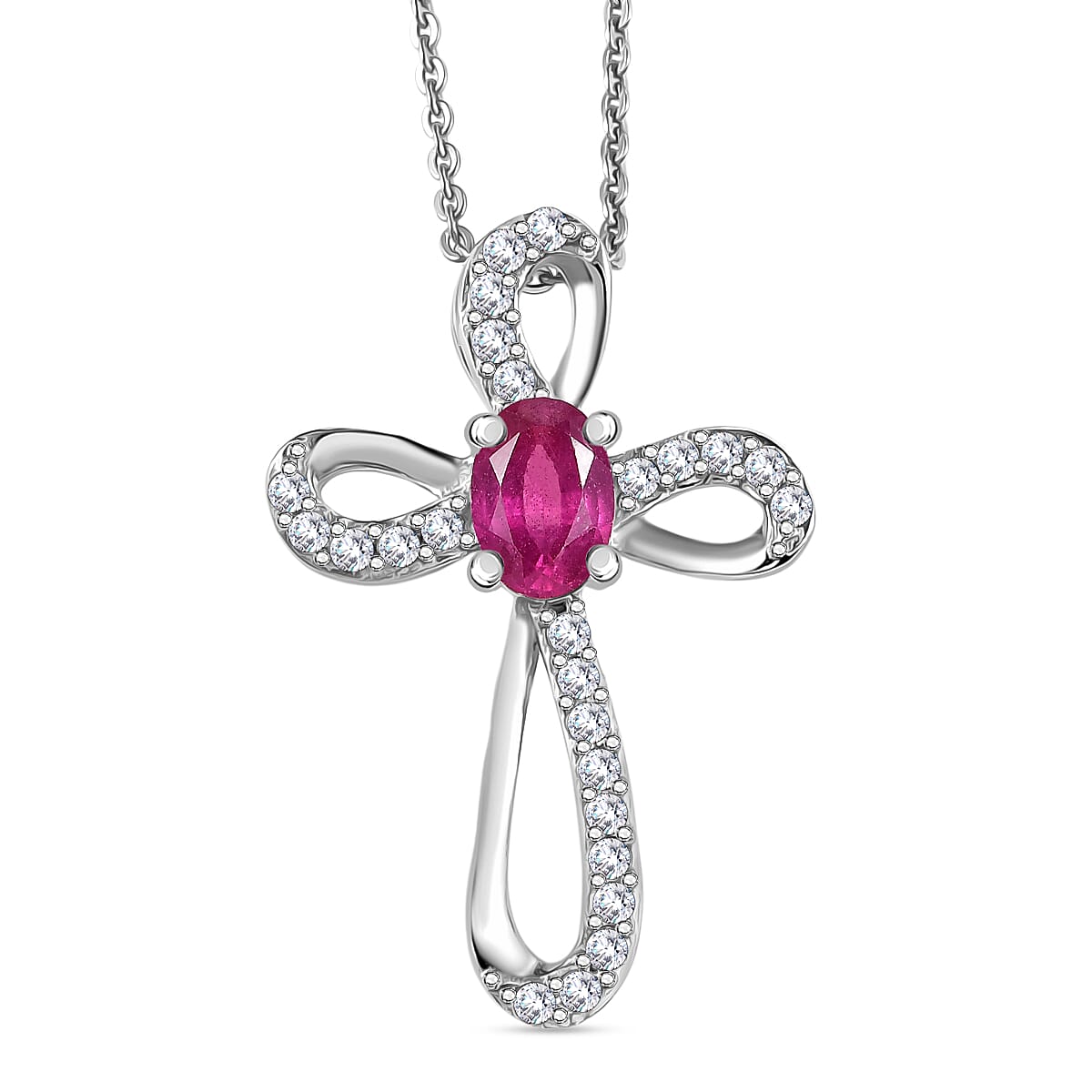 D'joy African Ruby & White Zircon Pendant with Chain (Size 20) in Platinum Overlay Sterling Silver