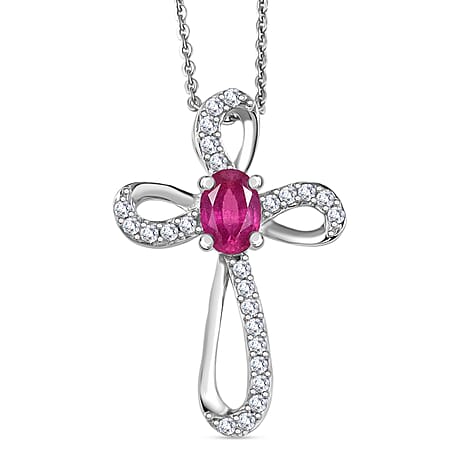 D'joy African Ruby & White Zircon Pendant with Chain (Size 20) in Platinum Overlay Sterling Silver