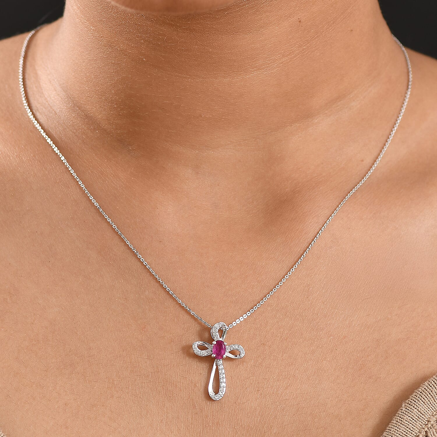 D'joy African Ruby & White Zircon Pendant with Chain (Size 20) in Platinum Overlay Sterling Silver
