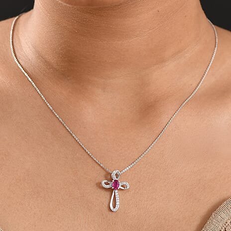 D'joy African Ruby & White Zircon Pendant with Chain (Size 20) in Platinum Overlay Sterling Silver