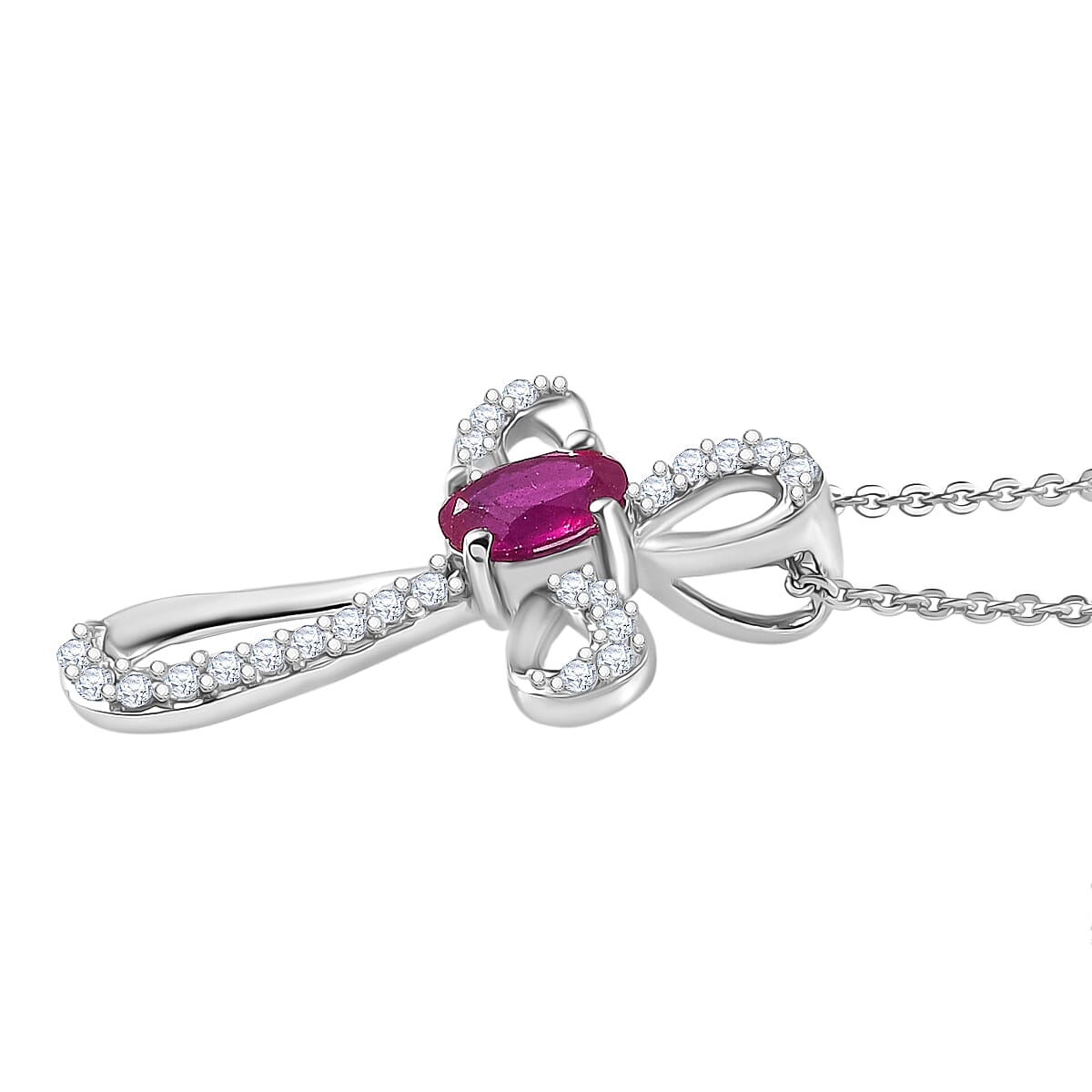 D'joy African Ruby & White Zircon Pendant with Chain (Size 20) in Platinum Overlay Sterling Silver