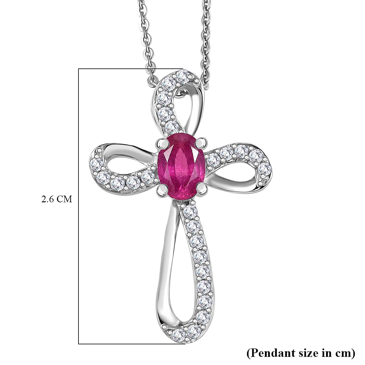 D'joy African Ruby & White Zircon Pendant with Chain (Size 20) in Platinum Overlay Sterling Silver