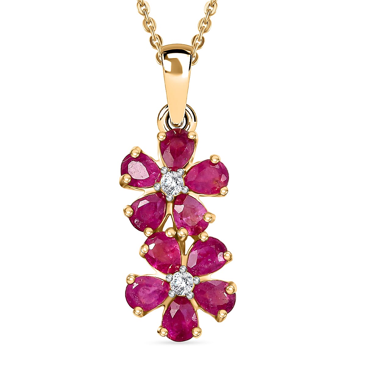 D'joy African Ruby & White Zircon Pendant with Chain (Size 20) in 18K Yellow Gold Plating Sterling Silver 2.32 Ct.