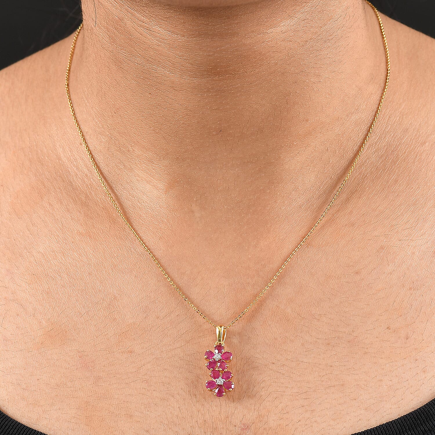 D'joy African Ruby & White Zircon Pendant with Chain (Size 20) in 18K Yellow Gold Plating Sterling Silver 2.32 Ct.