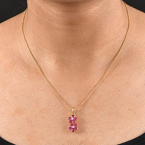 D'joy African Ruby & White Zircon Pendant with Chain (Size 20) in 18K Yellow Gold Plating Sterling Silver 2.32 Ct.