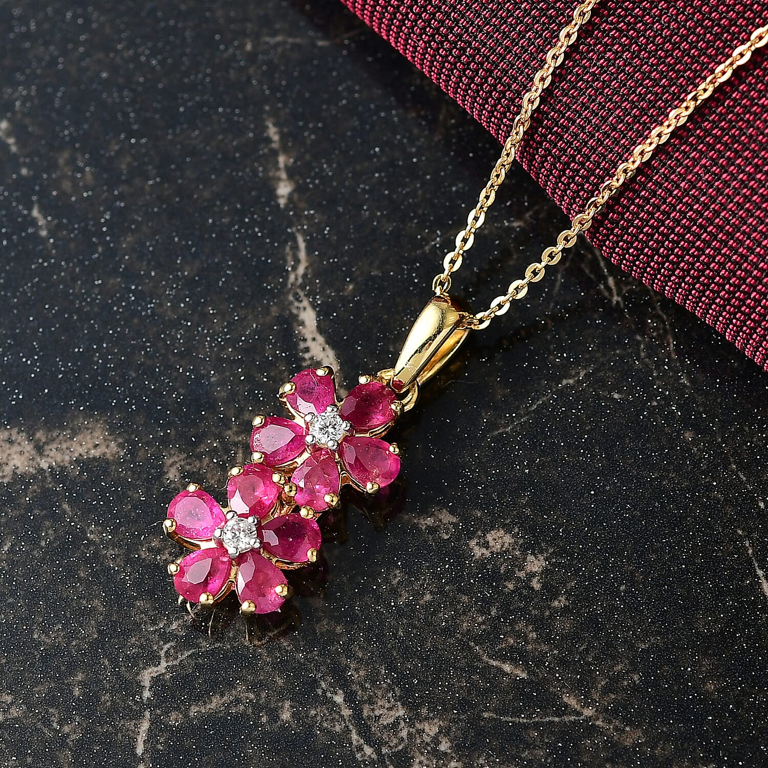 D'joy African Ruby & White Zircon Pendant with Chain (Size 20) in 18K Yellow Gold Plating Sterling Silver 2.32 Ct.