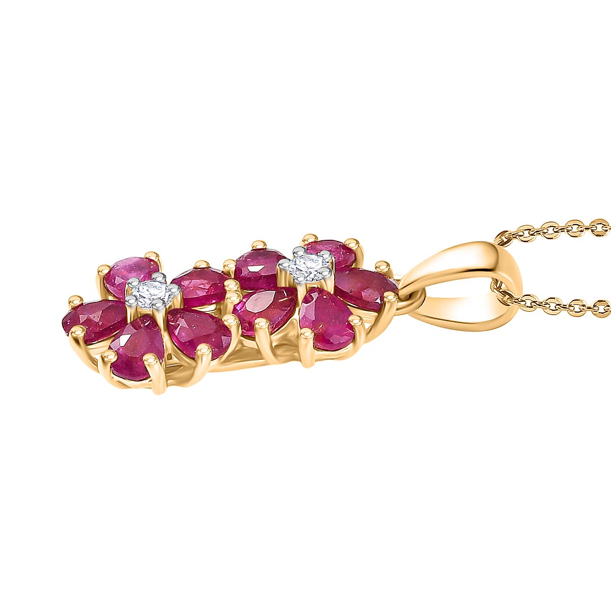 D'joy African Ruby & White Zircon Pendant with Chain (Size 20) in 18K Yellow Gold Plating Sterling Silver 2.32 Ct.