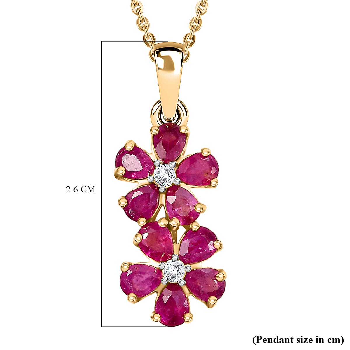 D'joy African Ruby & White Zircon Pendant with Chain (Size 20) in 18K Yellow Gold Plating Sterling Silver 2.32 Ct.