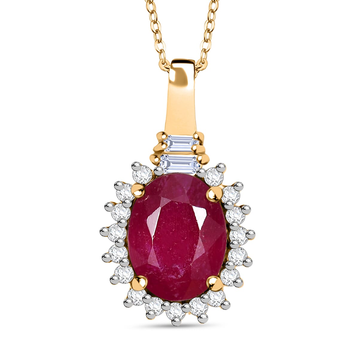 D'joy African Ruby, White Zircon & White Topaz Pendant with Chain (Size 20) in 14K Yellow Gold Plating Sterling Silver 2.91 Ct.