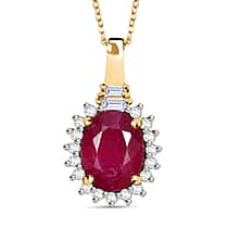 D'joy African Ruby, White Zircon and White Topaz Halo Pendant with Chain (Size 20) in Yellow Gold Plated Sterling Silver 2.92 Ct.