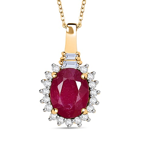 D'joy African Ruby, White Zircon & White Topaz Pendant with Chain (Size 20) in 14K Yellow Gold Plating Sterling Silver 2.91 Ct.