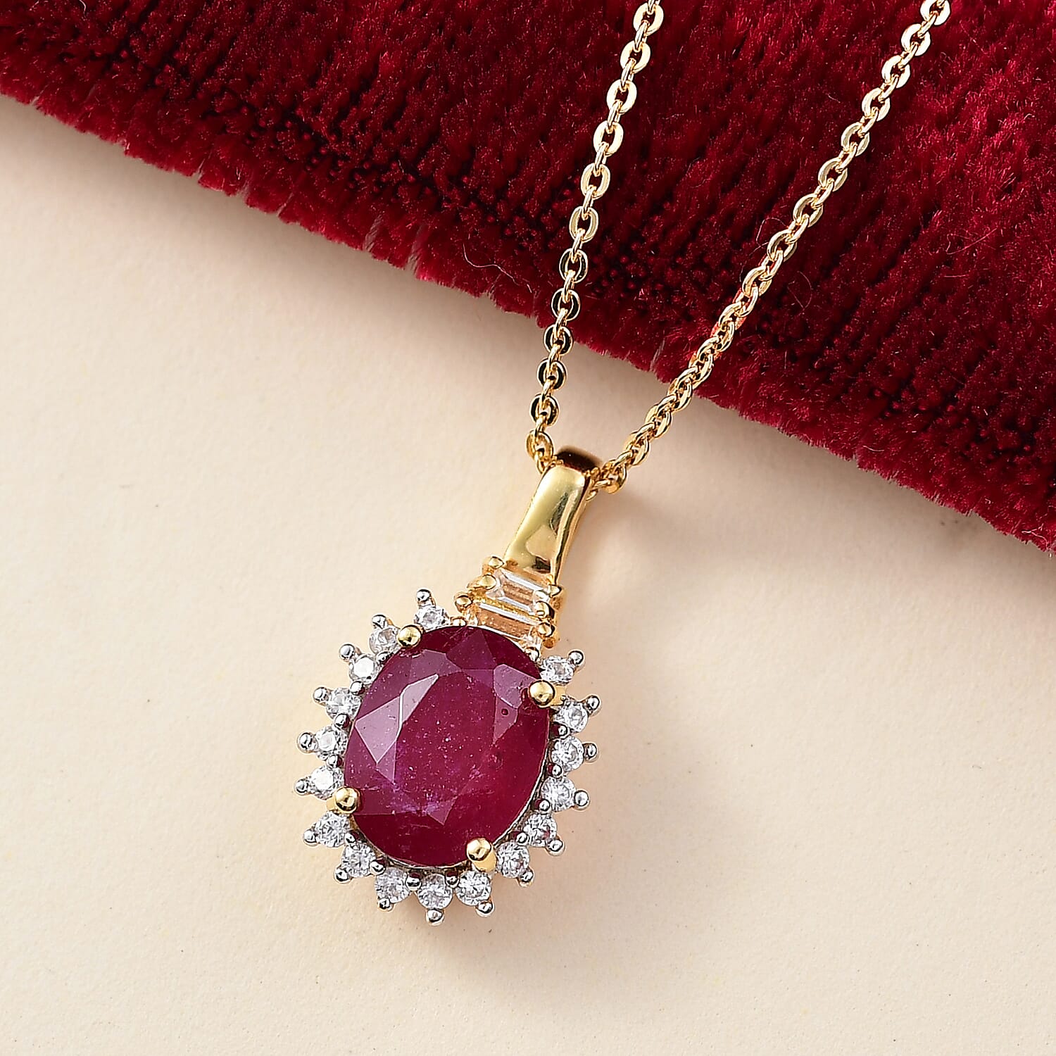 D'joy African Ruby, White Zircon & White Topaz Pendant with Chain (Size 20) in 14K Yellow Gold Plating Sterling Silver 2.91 Ct.