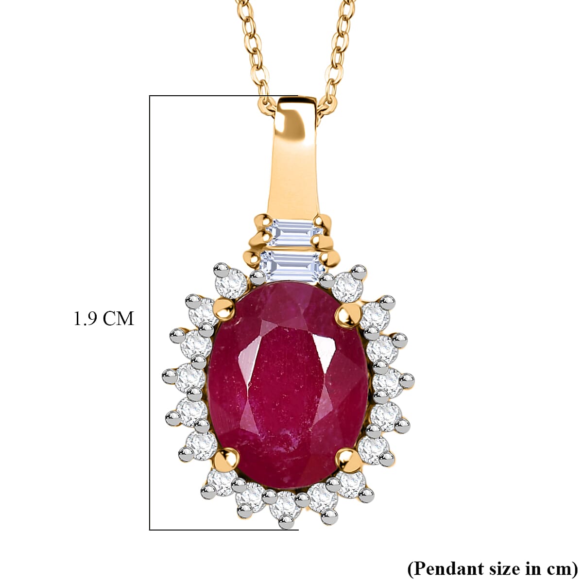 D'joy African Ruby, White Zircon & White Topaz Pendant with Chain (Size 20) in 14K Yellow Gold Plating Sterling Silver 2.91 Ct.