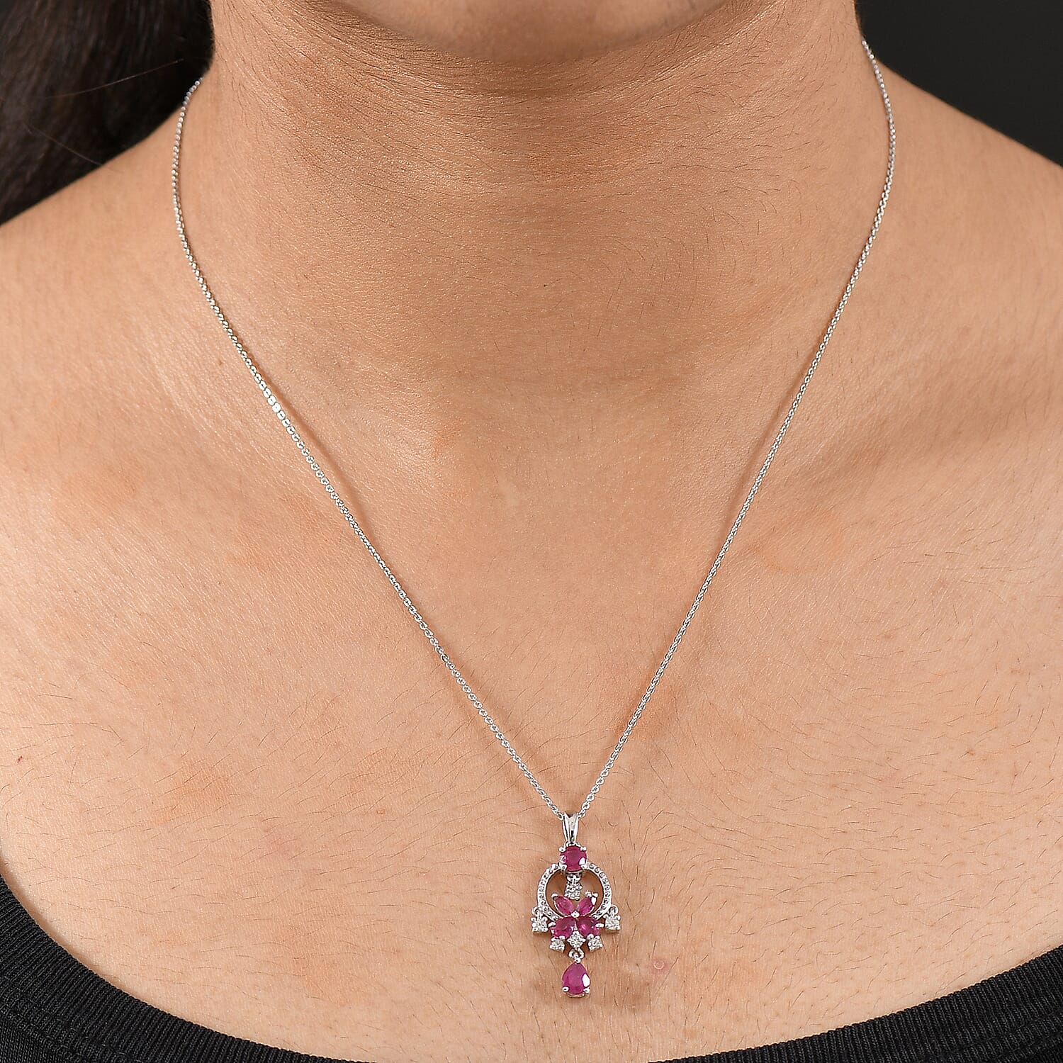 D'joy African Ruby & White Zircon Pendant with Chain (Size 20) in Platinum Overlay Sterling Silver 1.60 Ct.