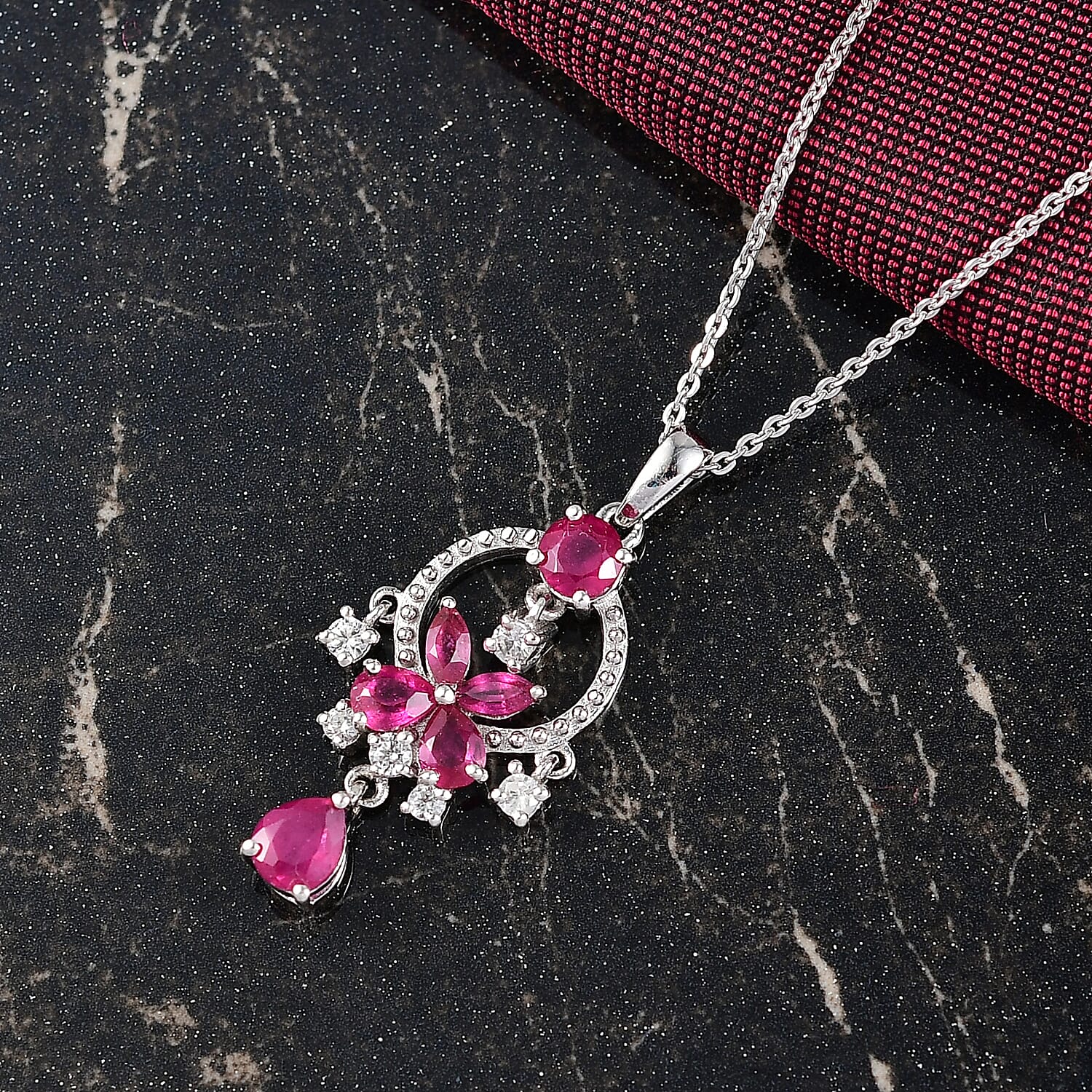 D'joy African Ruby & White Zircon Pendant with Chain (Size 20) in Platinum Overlay Sterling Silver 1.60 Ct.
