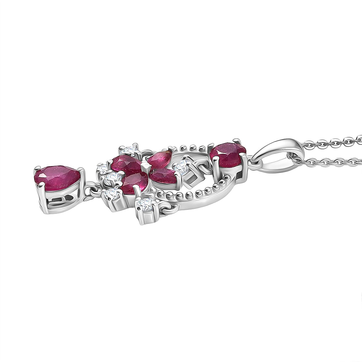 D'joy African Ruby & White Zircon Pendant with Chain (Size 20) in Platinum Overlay Sterling Silver 1.60 Ct.