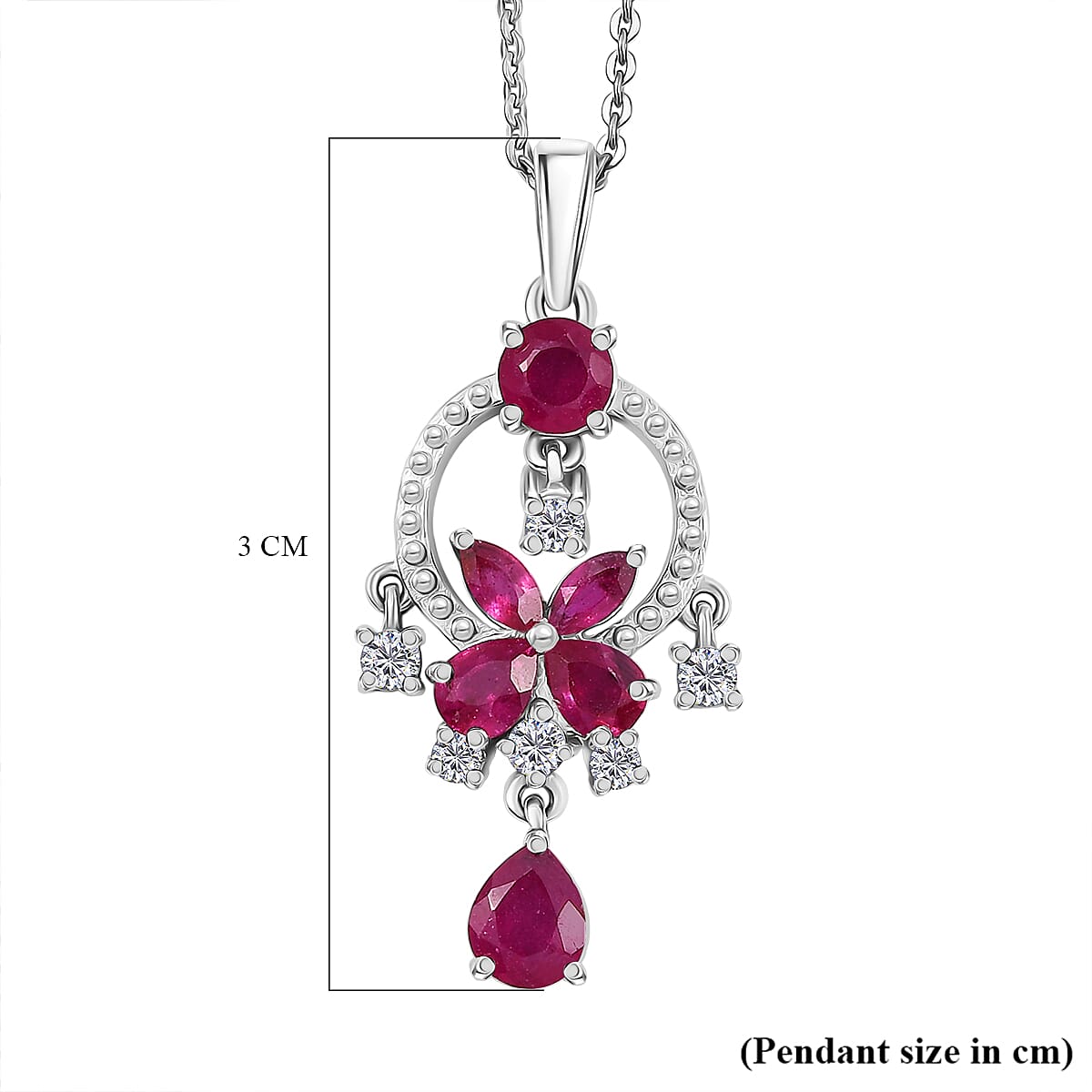 D'joy African Ruby & White Zircon Pendant with Chain (Size 20) in Platinum Overlay Sterling Silver 1.60 Ct.