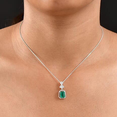 D'joy Emeraldine Triplet Quartz & White Zircon Pendant with Chain (Size 20) in Platinum Overlay Sterling Silver 1.68 Ct.