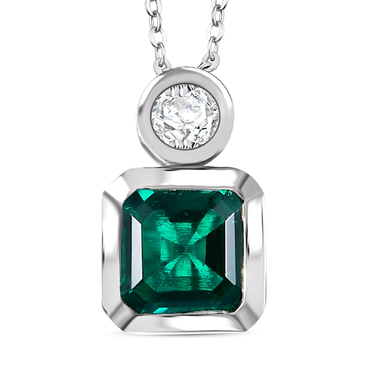 Lab Grown Emerald & Moissanite Pendant with Chain (Size 20) in Rhodium Overlay Sterling Silver 1.28 Ct.