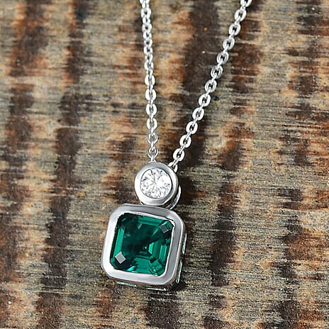 Lab Grown Emerald & Moissanite Pendant with Chain (Size 20) in Rhodium Overlay Sterling Silver 1.28 Ct.