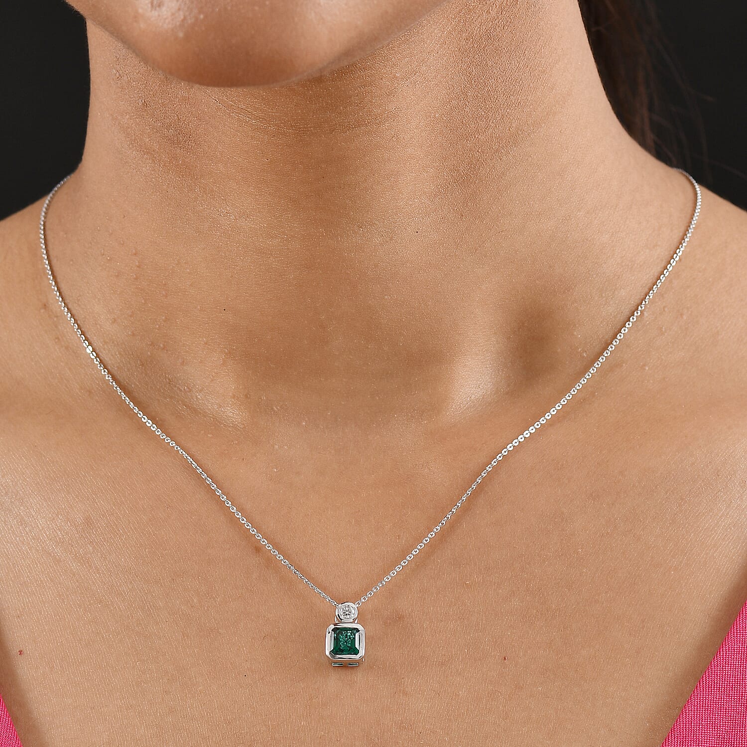 Lab Grown Emerald & Moissanite Pendant with Chain (Size 20) in Rhodium Overlay Sterling Silver 1.28 Ct.