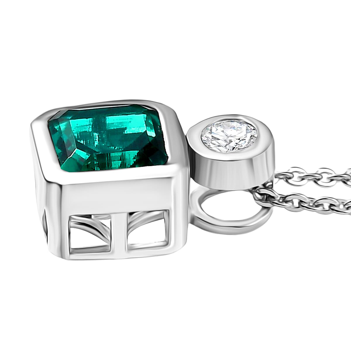 Lab Grown Emerald & Moissanite Pendant with Chain (Size 20) in Rhodium Overlay Sterling Silver 1.28 Ct.