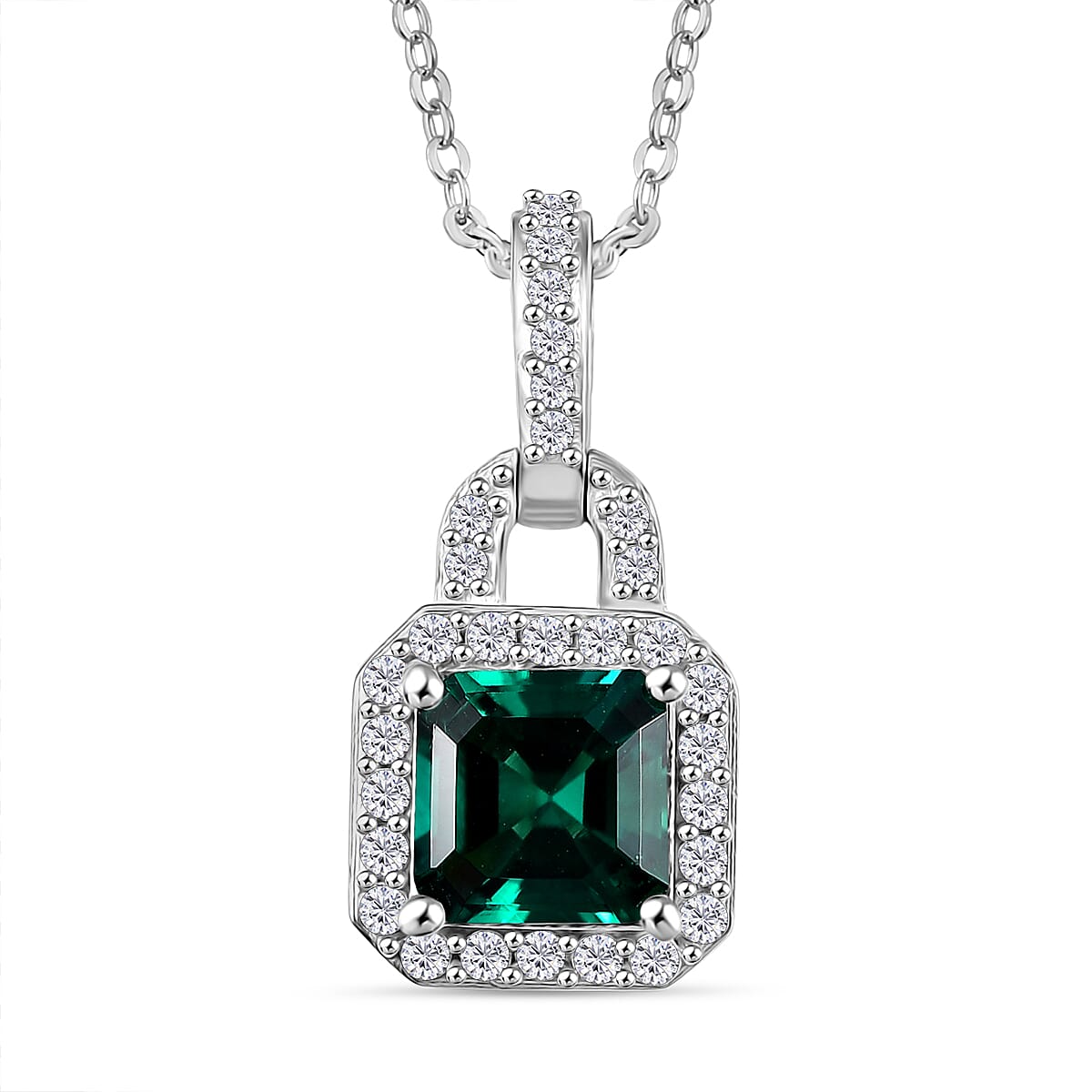 Lab Grown Emerald & White Zircon Pendant with Chain (Size 20) in Rhodium Overlay Sterling Silver 1.47 Ct.