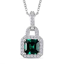 D'joy Lab Grown Emerald, White Zircon Halo Pendant with Chain (Size 20) in Rhodium Overlay Sterling Silver 1.47 Ct.