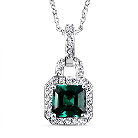 D'joy Lab Grown Emerald, White Zircon Halo Pendant with Chain (Size 20) in Rhodium Overlay Sterling Silver 1.47 Ct.