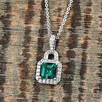 D'joy Lab Grown Emerald, White Zircon Halo Pendant with Chain (Size 20) in Rhodium Overlay Sterling Silver 1.47 Ct.